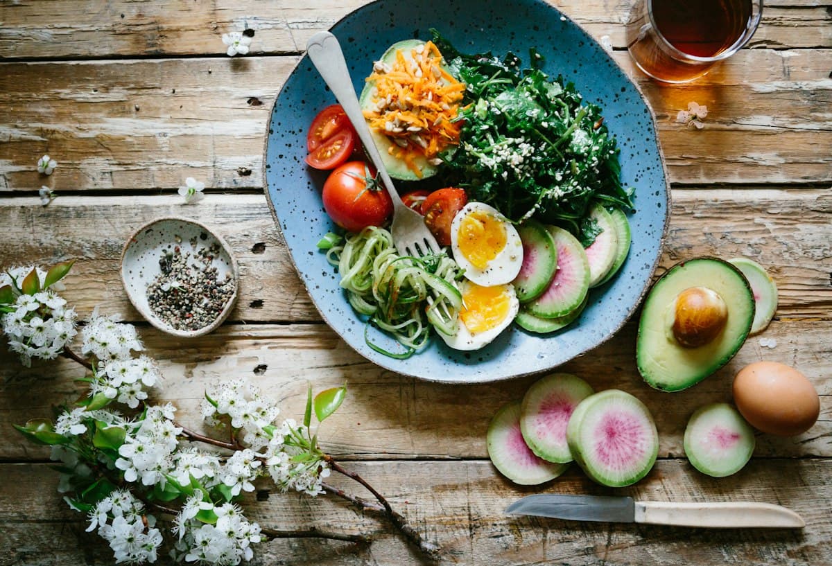 Balanced meal and training gear representing nutrition and movement